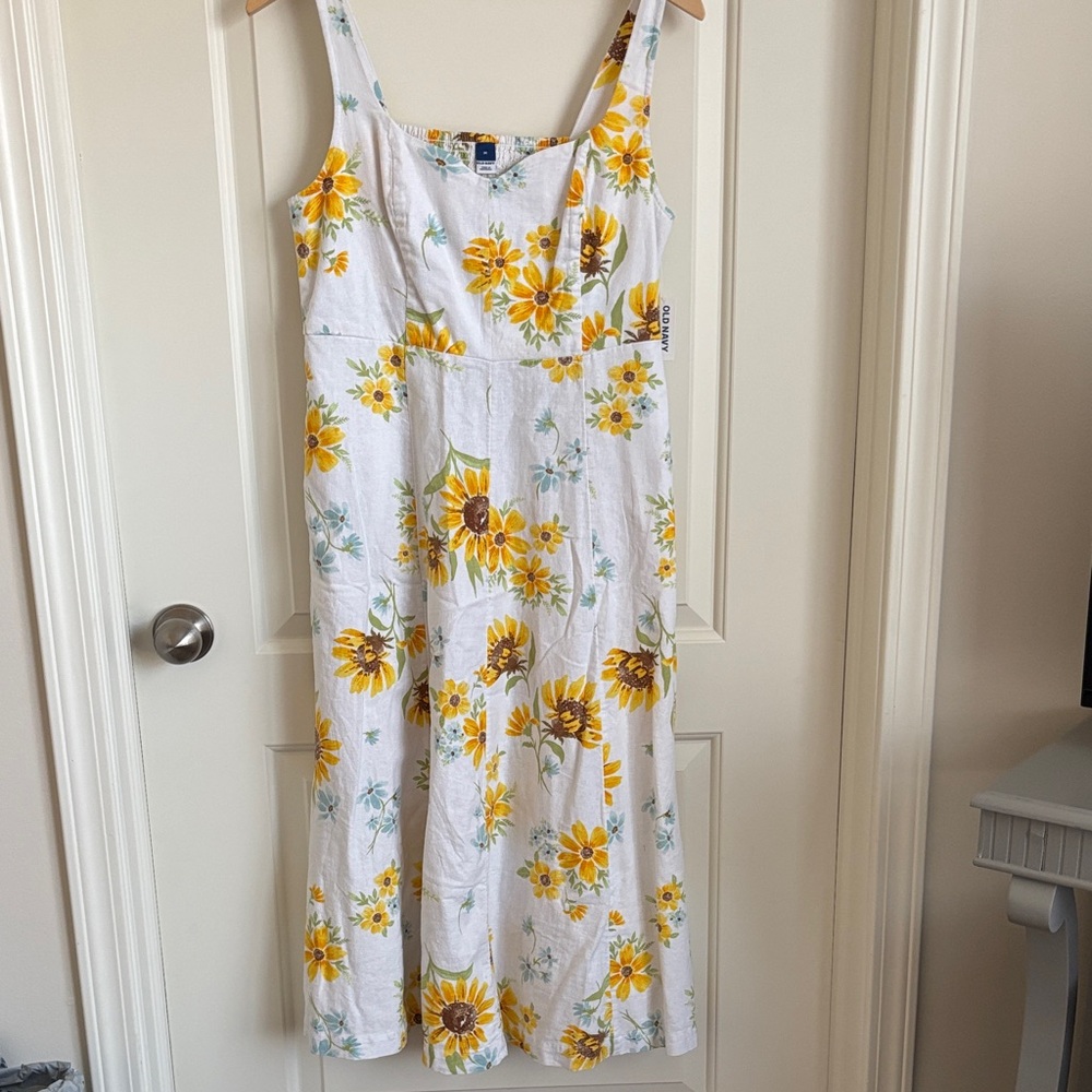 Old Navy White Midi Dress with Yellow Sunflower Print